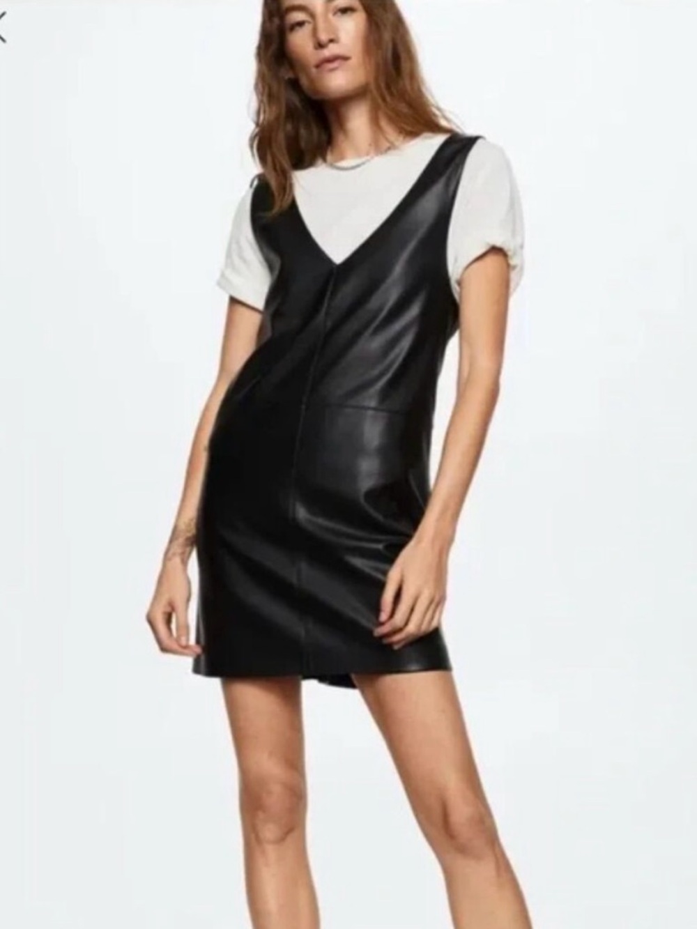 Mango Faux Leather V-Neck Dress